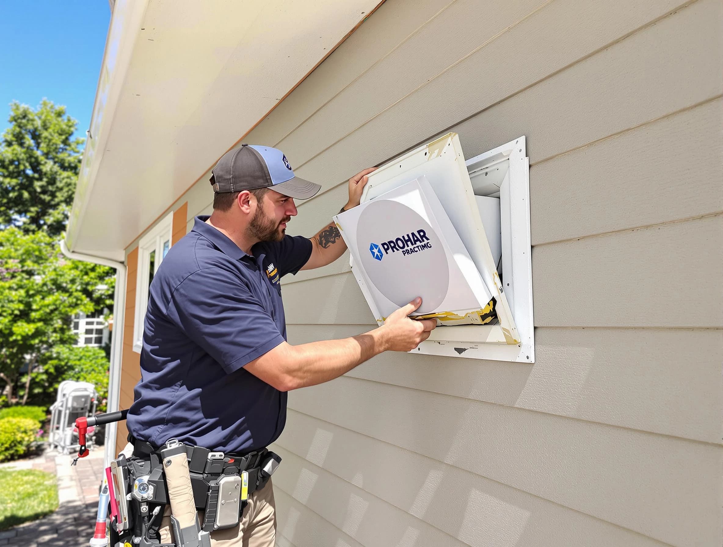 Morrow Dryer Vent Cleaning technician installing a new protective dryer vent cover on a home in Morrow