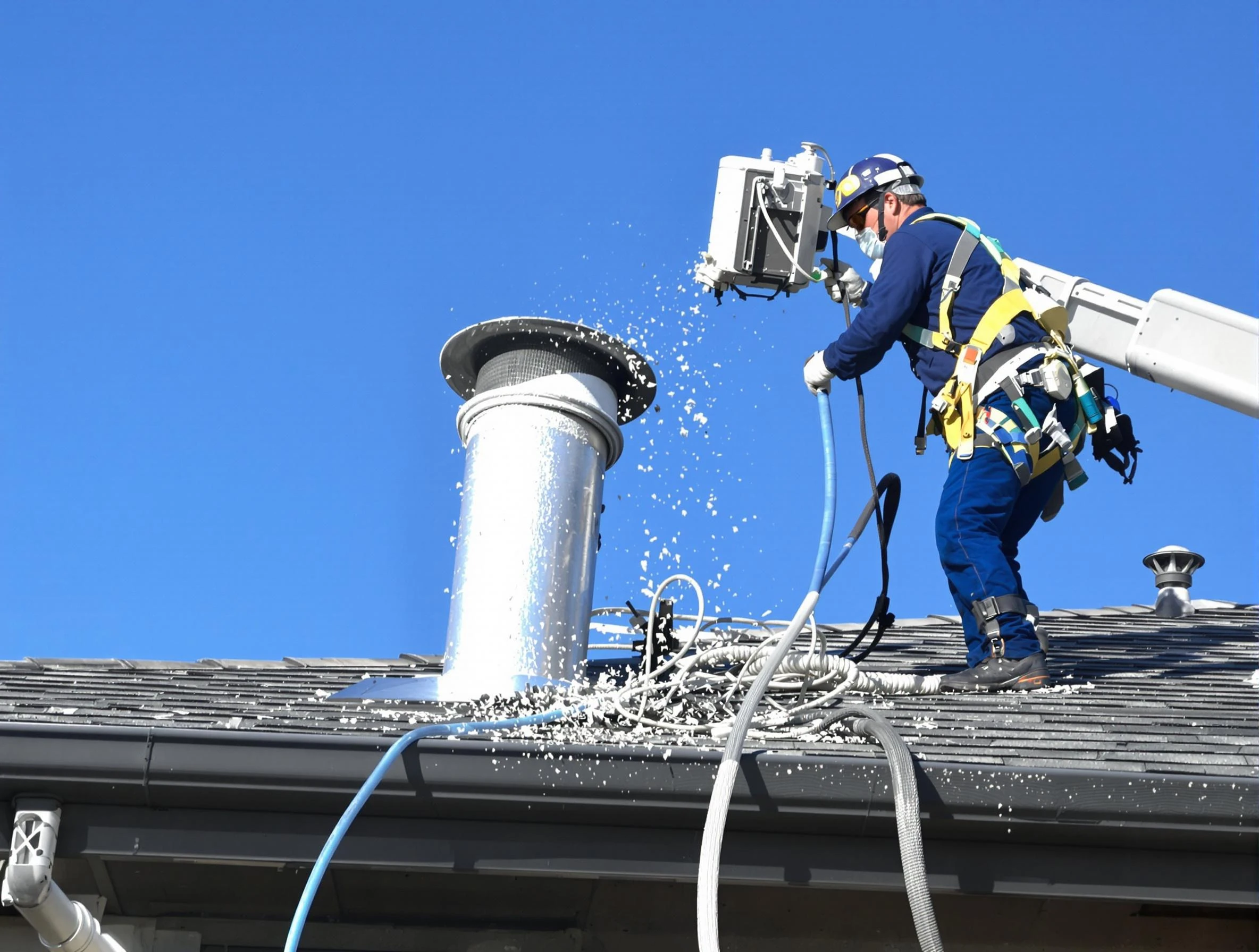 Morrow Dryer Vent Cleaning certified technician safely cleaning a roof-mounted dryer vent in Morrow